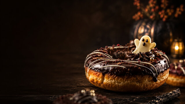 Chocolate frosted donut with white ghost decoration sits on a dark surface