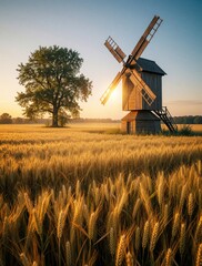 Fototapeta premium Golden wheat field basks in sunset glow near rustic wooden windmill. Lone tree stands against clear sky. Rural landscape evokes calm harvest season.