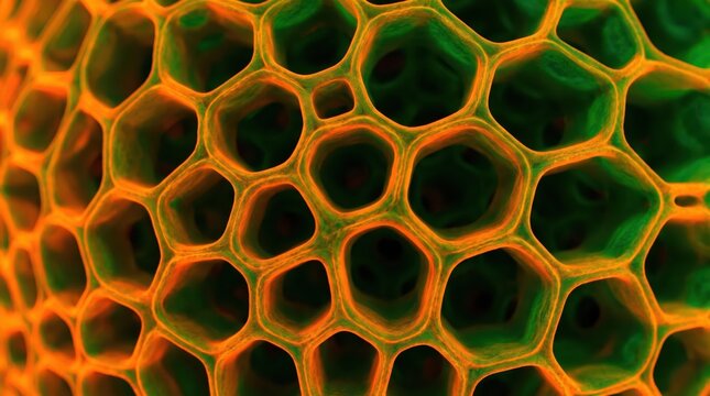 Microscopic view of orange and green plant cell structure