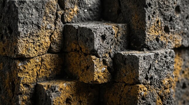 Weathered volcanic stone wall with porous rough texture