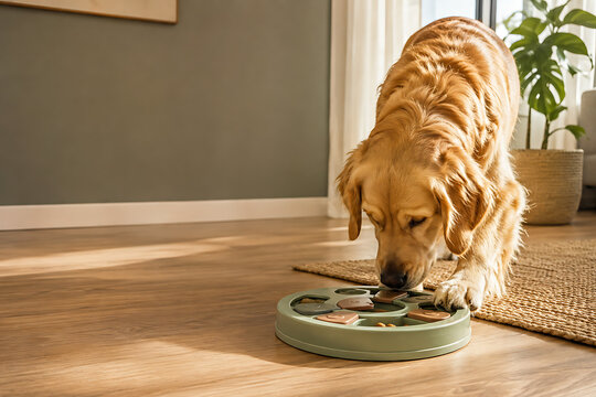 Golden retriever investigates a teal puzzle toy on a wooden floor