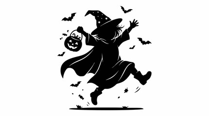 Fototapeta premium Halloween Silhouette of a Little Witch Jumping with Pumpkin and Bats