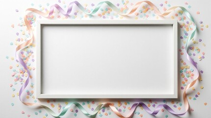 Fototapeta premium White rectangular frame surrounded by colorful pastel confetti, wavy streamers. Festive decorations on plain background create blank space for text. Perfect template for birthday party invitation,