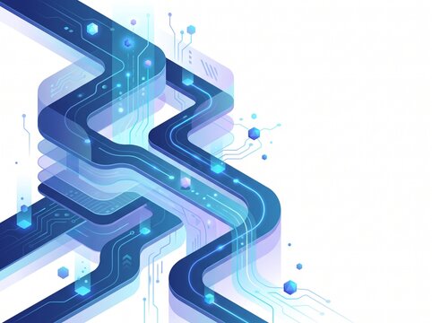 Abstract blue isometric digital data flow and futuristic technology network concept