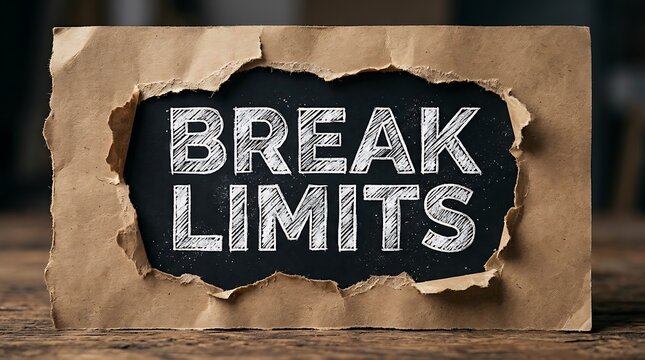 The words break limits written in white chalk on a black surface behind torn brown paper
