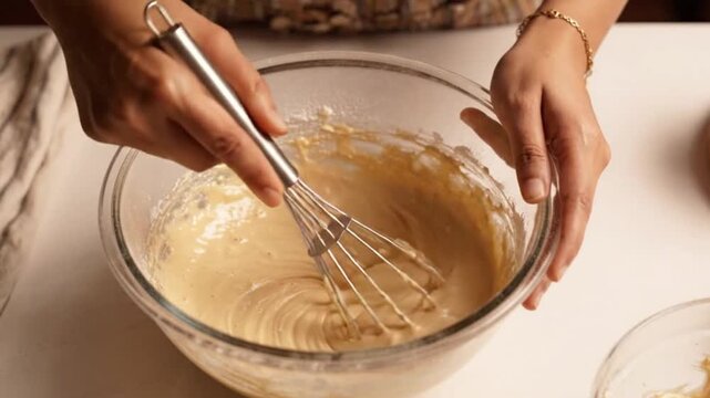Person whisking fresh batter in a glass bowl for baking