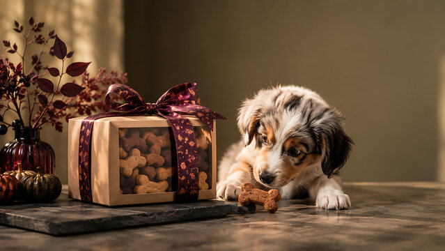 Australian shepherd puppy with bone shaped treats in a gift box