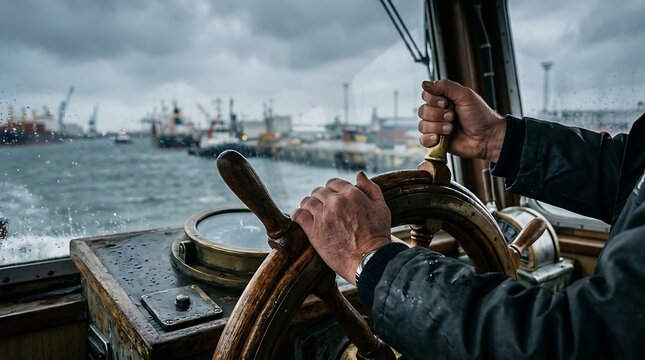 Captain steers ship through choppy waters in a busy port on a cloudy day