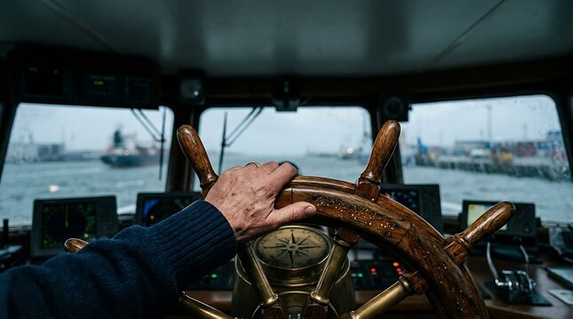 Captain's hand on ship's wheel navigating through foggy harbor with radar screens visible