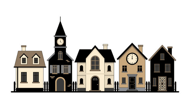 Row of stylized vector houses and clock tower buildings with fences