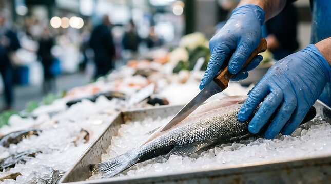 Fishmonger preparing fresh fish on ice at a market stall