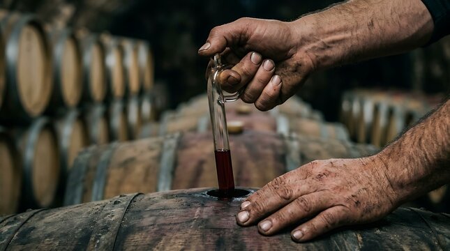 Winemaker testing wine from oak barrel with hydrometer in cellar