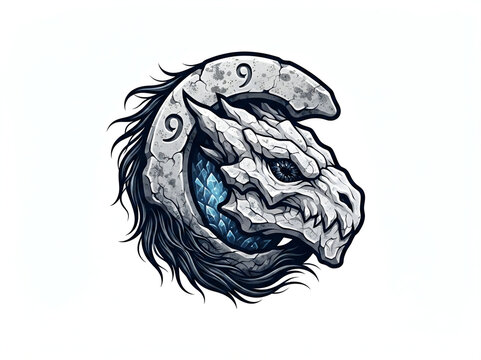 Fantasy stone dragon head profile mascot, cracked rock creature with glowing blue crystals and dark mane, e-sports logo vector illustration isolated on white background