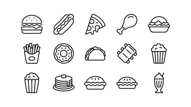 Fast Food Icon Set for Restaurant Menus, Delivery Apps and Promotions