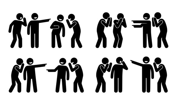 Set of human figures in stickman style interacting with whispering and pointing gestures indicating gossip and social behavior pointing communication interaction stickman behavior