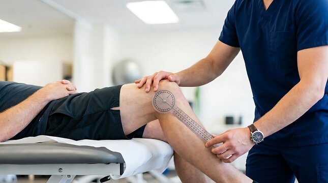 Physical therapist measures knee flexion angle with goniometer on patient lying on examination table