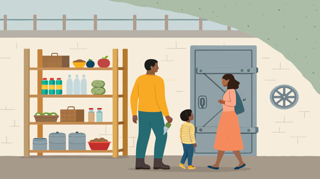 Family arriving at a secure bunker entrance door with food supplies survival preparedness basement supplies emergency protection interior provisions disaster readiness lifestyle domestic