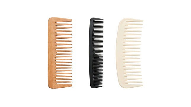 combs three brown black cream transparent background set isolated collection Wooden wide tooth pocket and curved detangling combs for salon catalogs grooming guides and beauty routines