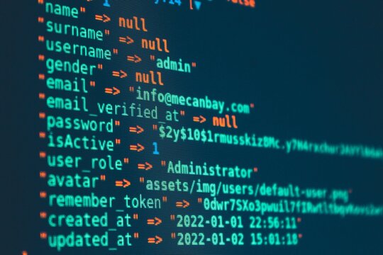 Programming code displayed on dark computer monitor showing user database structure with programming, software