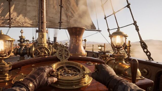 Leather gloved hands operate compass on ornate airship dashboard. Brass machinery, pressure fittings, lanterns, rigging, and billowing canvas surround cockpit while arid landscape passes beyond open