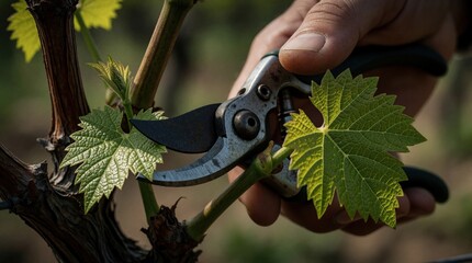 Naklejka premium Hand trims young grape vine branch with shears. Green leaf on plant stem shows new growth in vineyard. Spring pruning action for future crop.