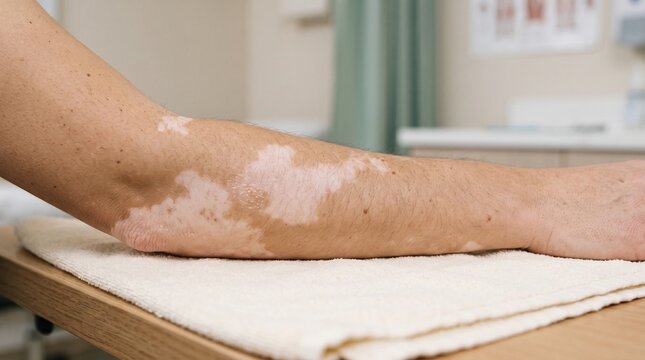 Close up of arm with vitiligo on hospital bed.