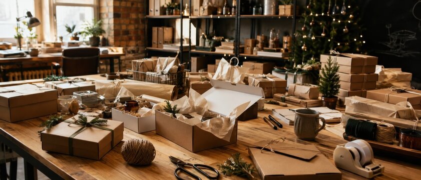 Small business packing holiday orders in workshop