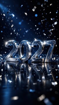 Metallic 2027 numbers with confetti on dark blue background