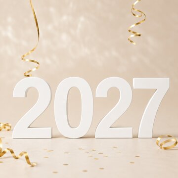 2027 new year celebration with gold ribbons and beige background