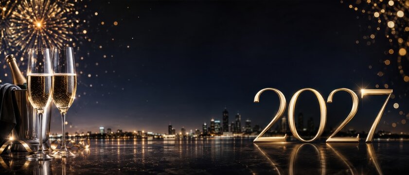 New year 2027 champagne glasses with city skyline