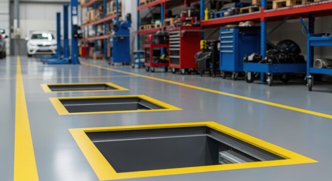 A garage with four square holes in the floor