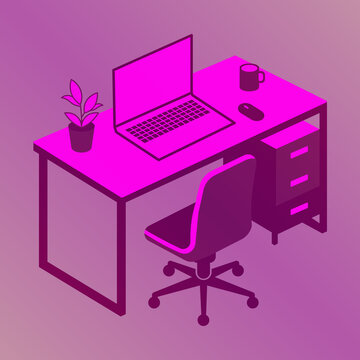 Minimalist isometric workspace laptop desk office table graphic illustration background