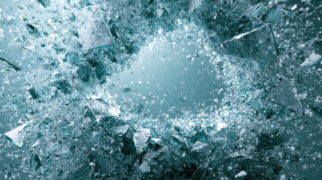 Abstract background featuring shards of shattered glass exploding into pieces with cinematic blue lighting. This dynamic visual is perfect for high-impact commercial design.