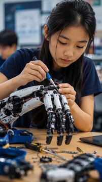 STEM教育の教室でロボットアームを組み立てる真剣な若いアジア人女子学生（理系女子）.