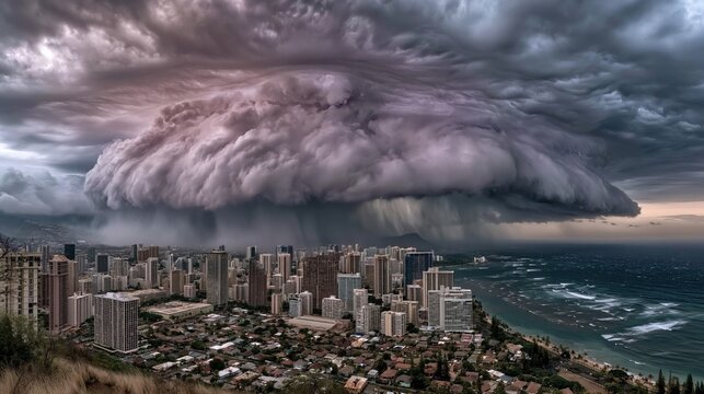 Massive purple supercell storm front looming over a coastal city with heavy rain curtains for climate change and extreme weather concepts