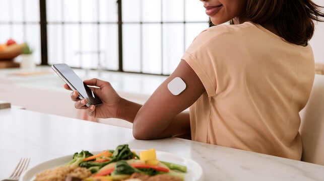 Woman with a wearable glucose sensor using a smartphone before eating, conceptualizing AI analysis of continuous glucose data for personalized meal and nutrition recommendations
