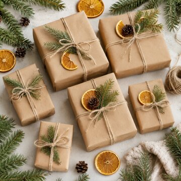 Rustic Christmas gifts wrapped with natural decorations