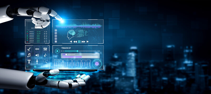 Advanced Artificial Intelligence Concept with Robot Hand Interacting with Digital Interface and Data Visualization in Futuristic Environment. Sentient.
