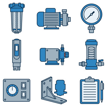 Industrial equipment icon set including pumps and pressure gauges