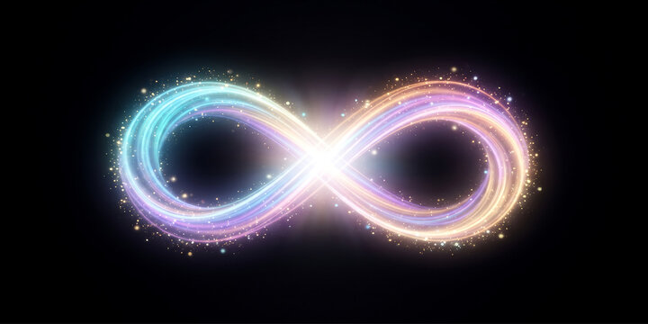 Illuminated infinity symbol glows with pastel colors against a dark background loop endless eternity.