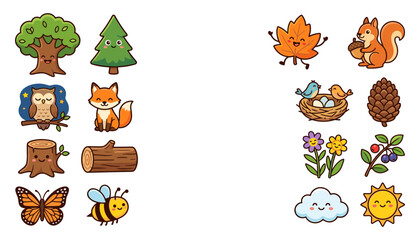 Fototapeta premium Cute Forest Animals and Nature Elements Icon Set with Kawaii Trees, Squirrel, Fox, Owl, Birds, and Autumn Leaves for Kids Designs