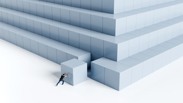 Man pushing giant block to fill missing step on massive staircase, effort, problem solving and building the way up concept, 3d render