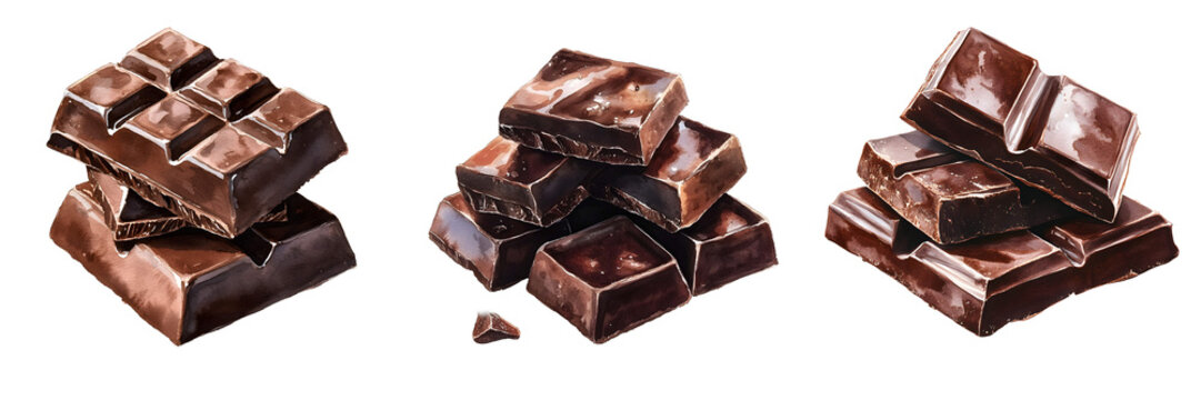 Three stacks of chocolate chunks sit against a stark black background