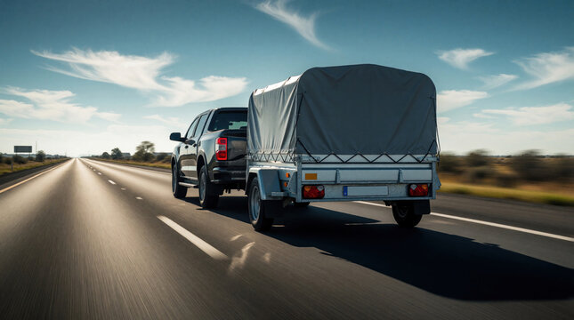 Pickup truck pulls covered trailer on highway at speed. Motion blur conveys fast travel. Daytime journey shows open road and clear skies. Vehicle hauls cargo.