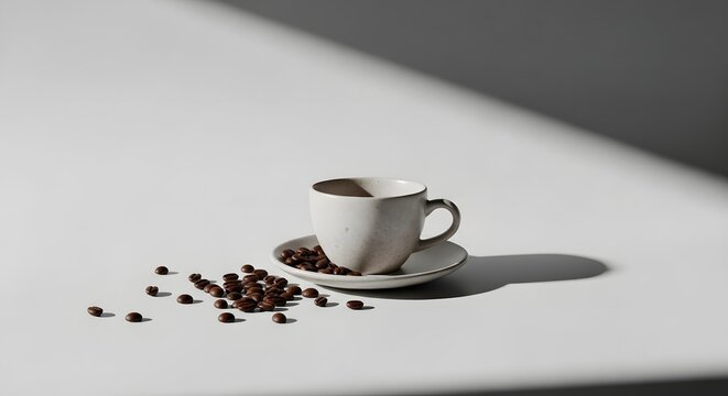Minimalist still life of a ceramic espresso cup and saucer with scattered roasted coffee beans on a white surface with harsh dramatic lighting and shadows.