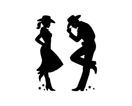 Country western line dancing couple vector silhouette - cowboy and cowgirl dancers, vintage americana graphic elements