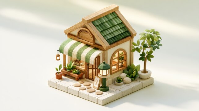 A charming miniature wooden shop model with green roof tiles and potted plants stands in soft morning light. This cozy architectural diorama is perfect for creative design.