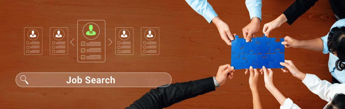 Collaborative Job Search Process with Diverse Hands Assembling Opportunities on a Brown Table Background. Glyphic.