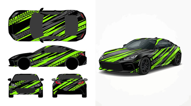 Black sports car with vibrant green and black abstract racing stripe vinyl wrap design. Modern vehicle graphic livery concept.