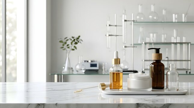 Skincare products on marble countertop in laboratory setting with glassware